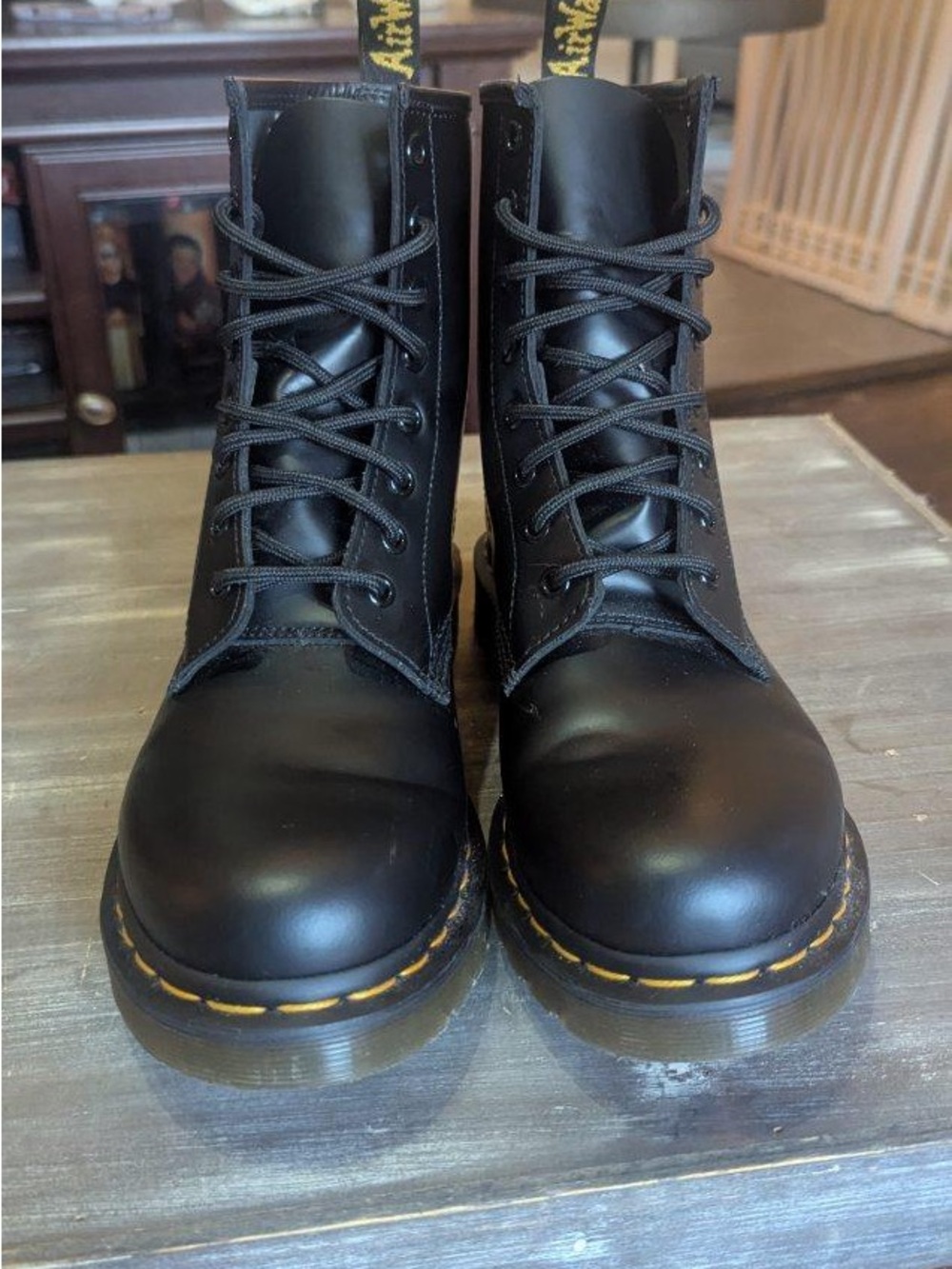 Dr. Martens Black Leather Combat Boots with Yellow Stitching